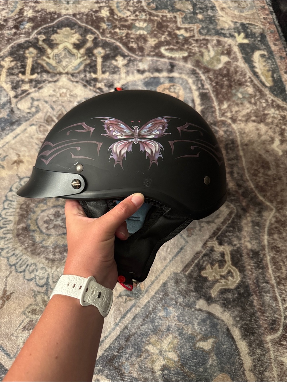 Matte Black Women's Motorcycle Helmet with Purple Butterfly Design - Picture 4 of 5